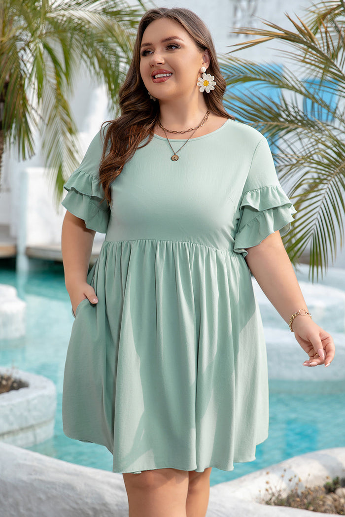 Grass Green Ruffle Trim Short Sleeve Plus Size Flared Mini Dress - Size/Plus Dresses/Plus Dresses