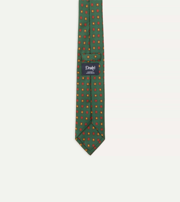 Green and Red Geometric Medallion Print Madder Twill Silk Tie