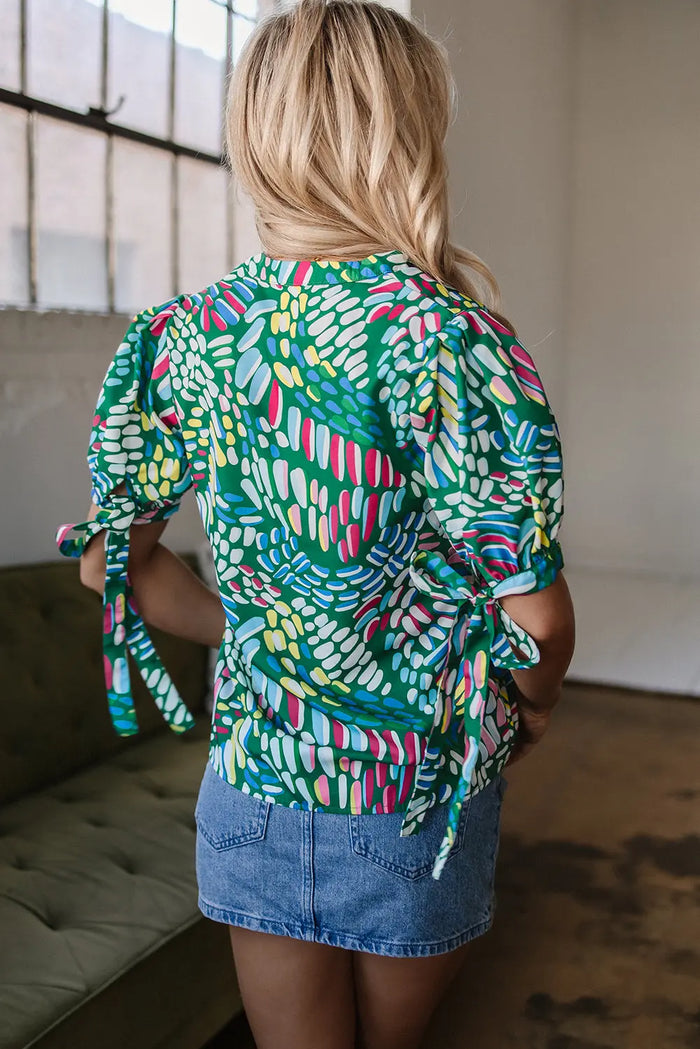 Green Brushwork Geometric Print Puff Sleeve Notched Neck Blouse - Tops/Blouses & Shirts