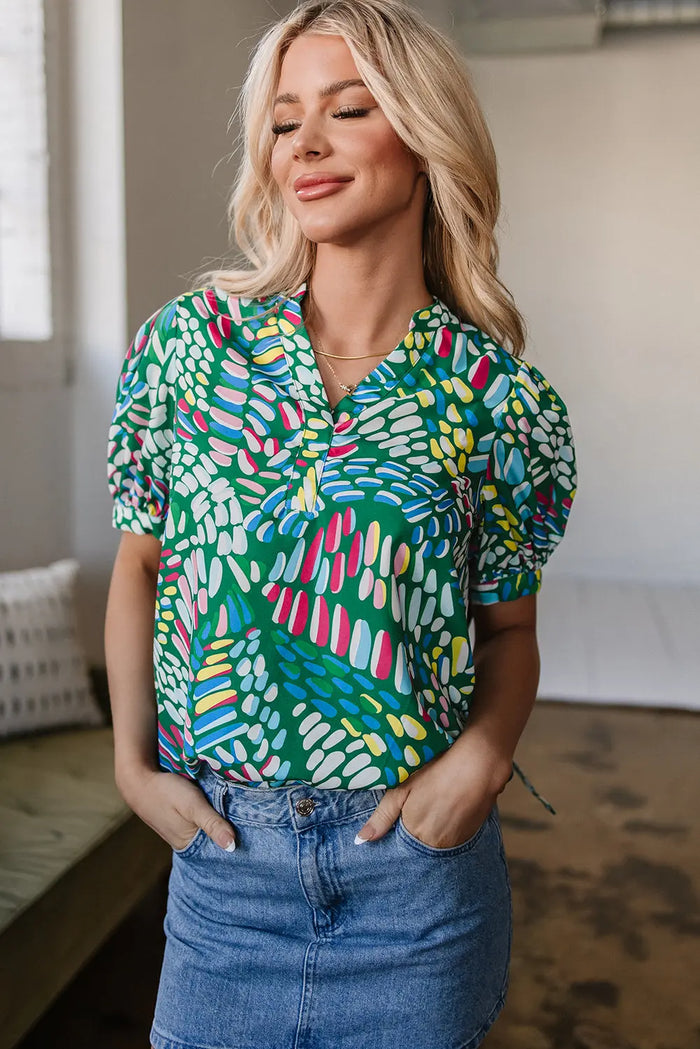 Green Brushwork Geometric Print Puff Sleeve Notched Neck Blouse - Tops/Blouses & Shirts