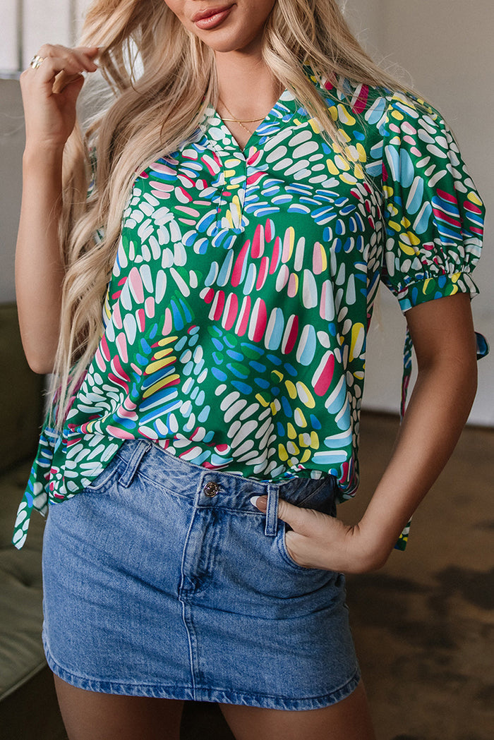Green Brushwork Geometric Print Puff Sleeve Notched Neck Blouse - Tops/Blouses & Shirts