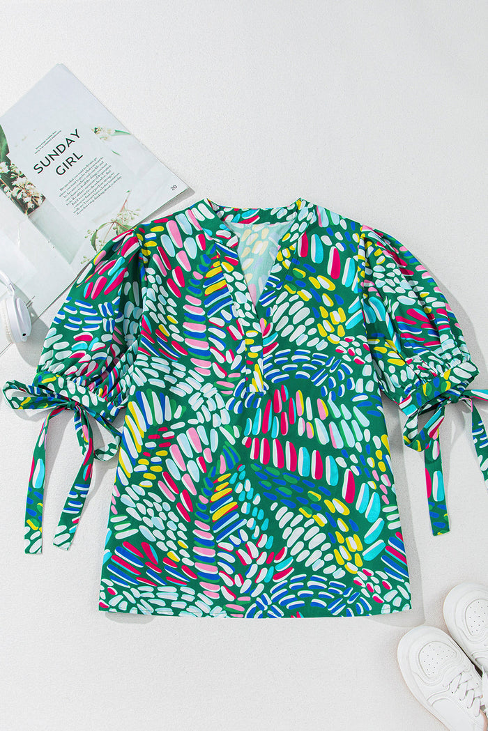 Green Brushwork Geometric Print Puff Sleeve Notched Neck Blouse - Tops/Blouses & Shirts