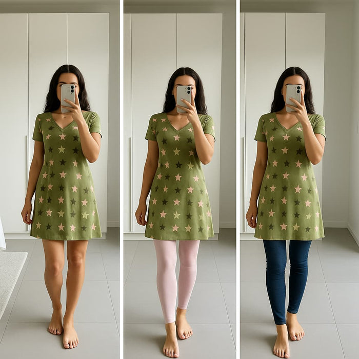 Blue floral V-neck A-line dress styled three ways – with white leggings, with jeans, and with black leggings