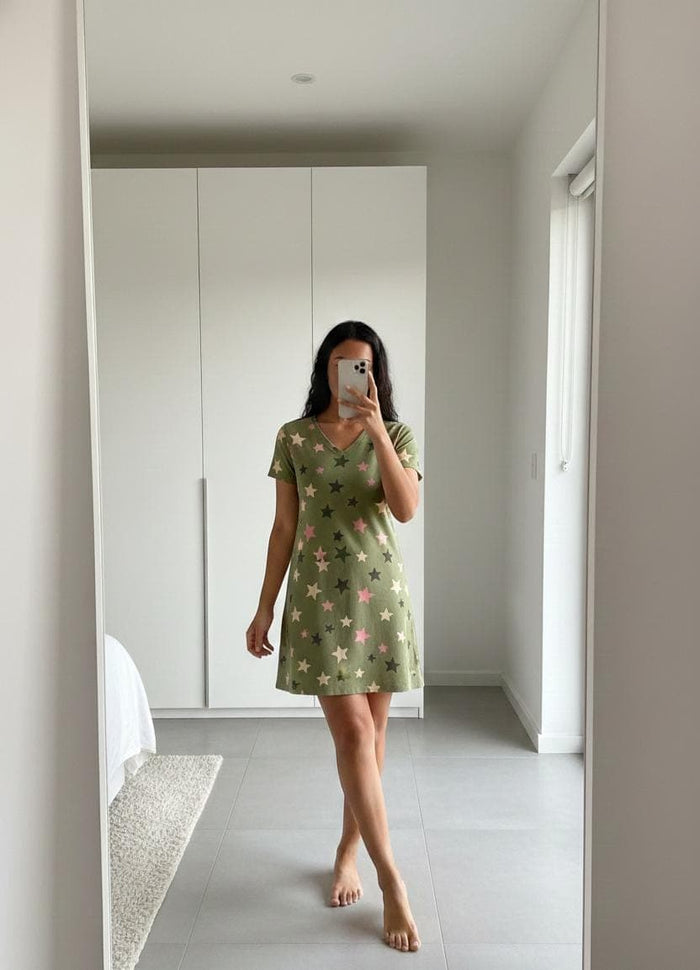 Woman wearing green star print cotton long polo nightdress with short sleeves and V-neck