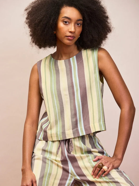Green stripe sleeveless linen blend cropped shell top