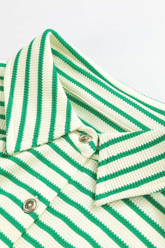 Green Stripe Textured Short Sleeve Collared Buttoned Waist Tie Romper - Bottoms/Jumpsuits & Rompers