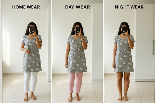 V-neck A-line dress styled three ways – with white leggings, without leggings, and with black jeans