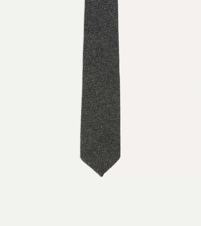 Grey Herringbone Hand Rolled Wool Tie