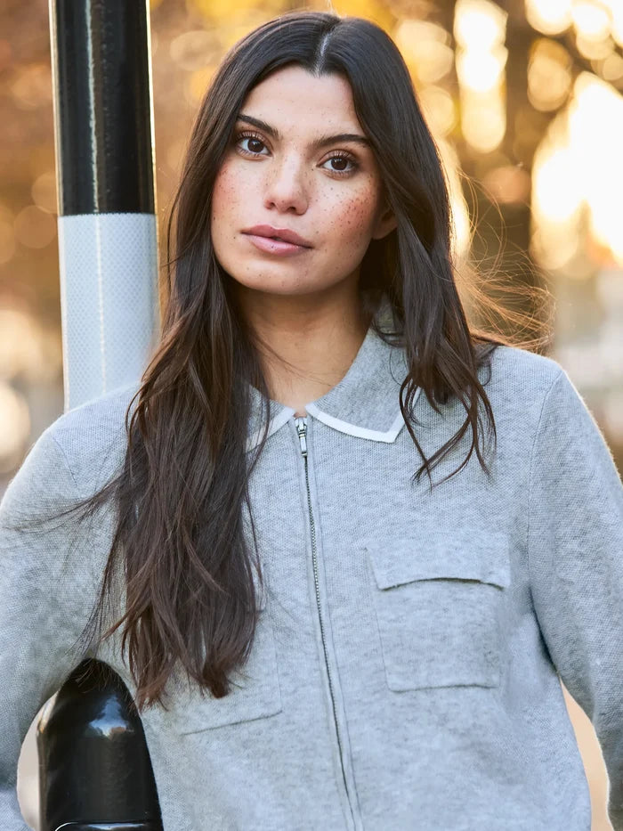 Grey Knit Zip Front Jacket With Wool
