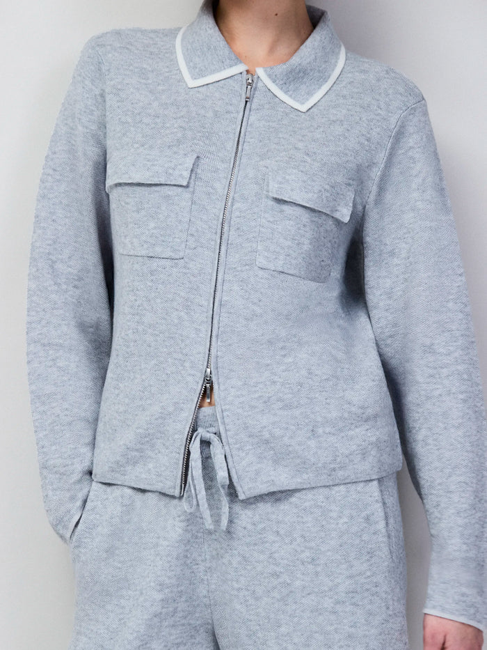 Grey Knit Zip Front Jacket With Wool
