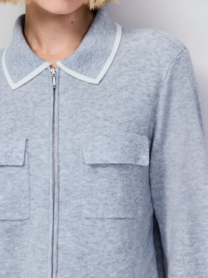 Grey Knit Zip Front Jacket With Wool
