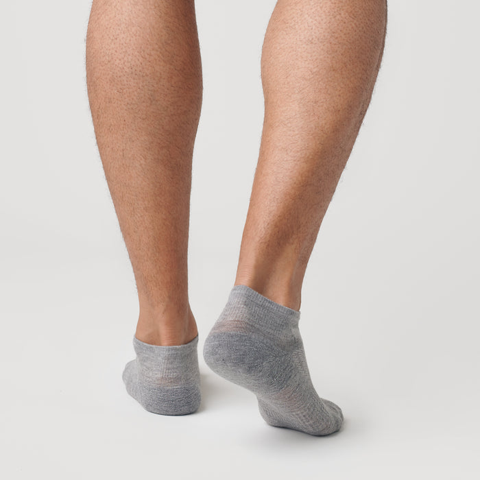 Heather Gray Ankle Sock Single on feet, seamless toe, contour fit.