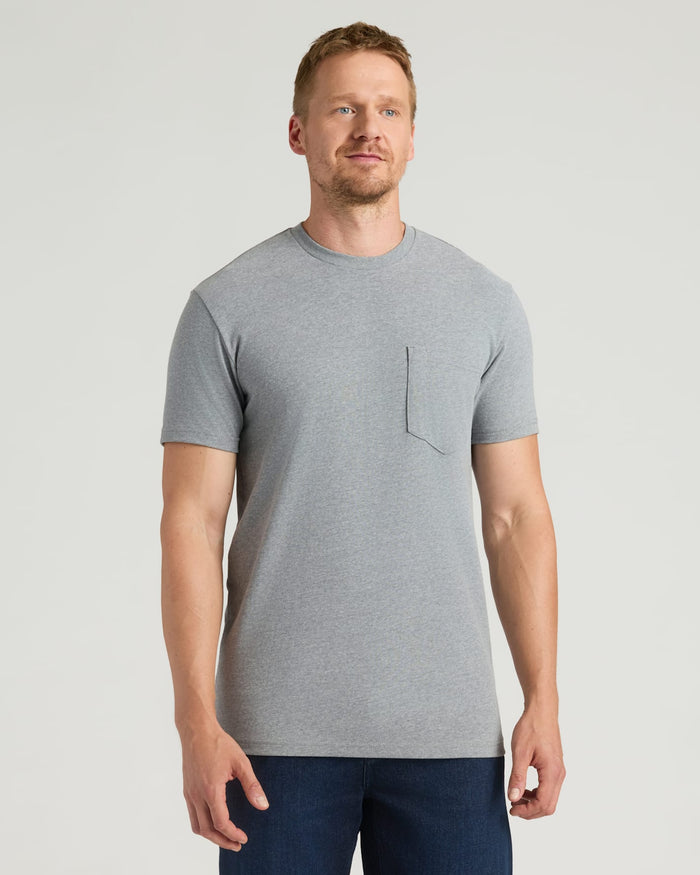 Man in Heather Gray Tall Heavyweight Pocket Crew T-shirt.