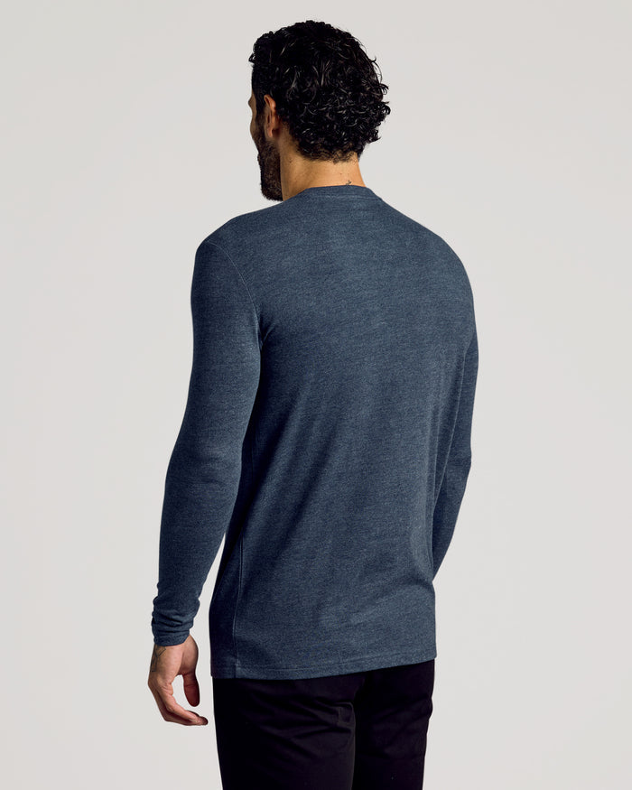 Heather Navy Tall Long Sleeve T-Shirt on model, back view.