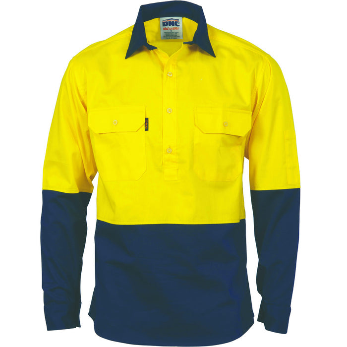 Hi Vis Two Tone Close Front Cotton Drill Shirt Long Sleeve Gusset Sleeve 3834