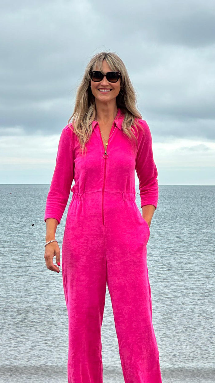 'Honor' Wide Leg Jumpsuit | Fuchsia Stretch Towelling