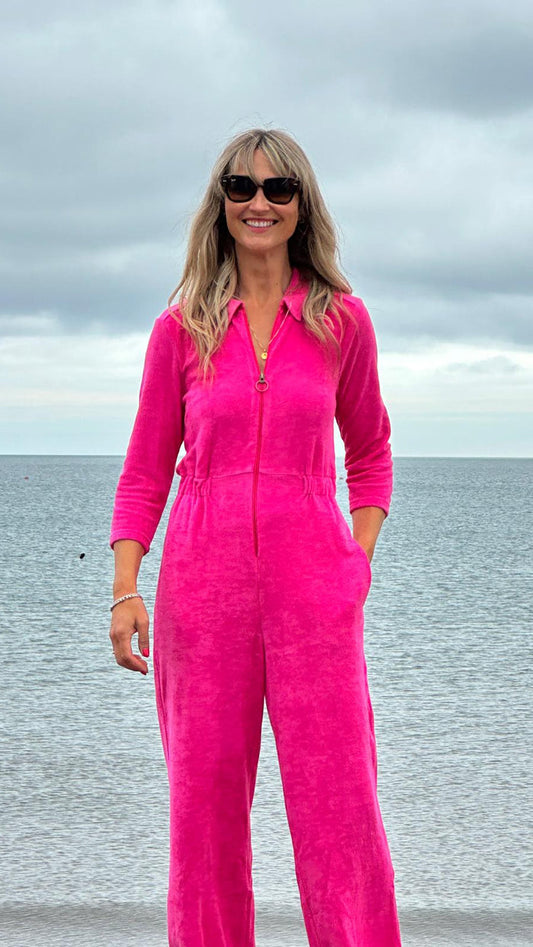 'Honor' Wide Leg Jumpsuit | Fuchsia Stretch Towelling