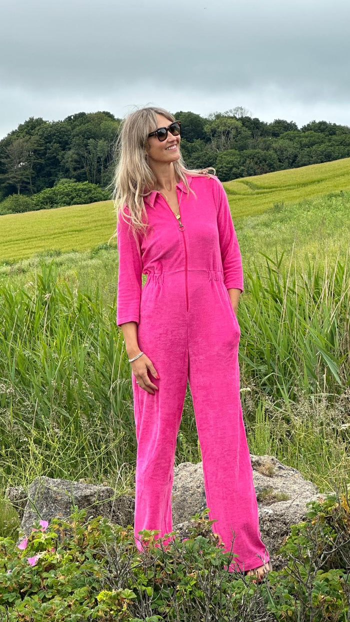 'Honor' Wide Leg Jumpsuit | Fuchsia Stretch Towelling