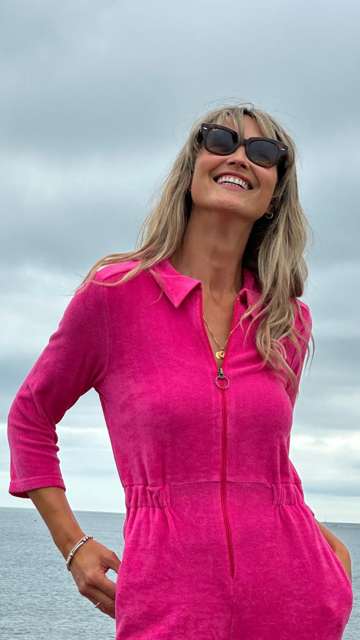 'Honor' Wide Leg Jumpsuit | Fuchsia Stretch Towelling