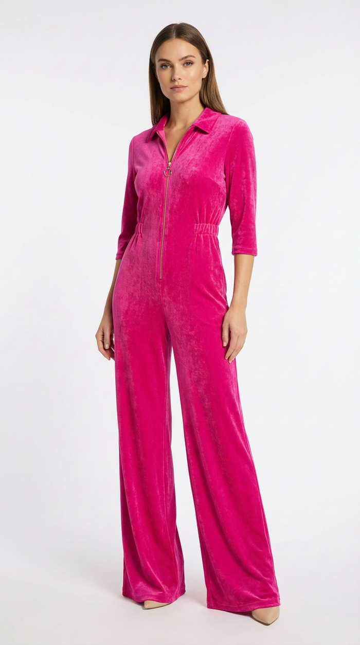 'Honor' Wide Leg Jumpsuit | Fuchsia Stretch Towelling