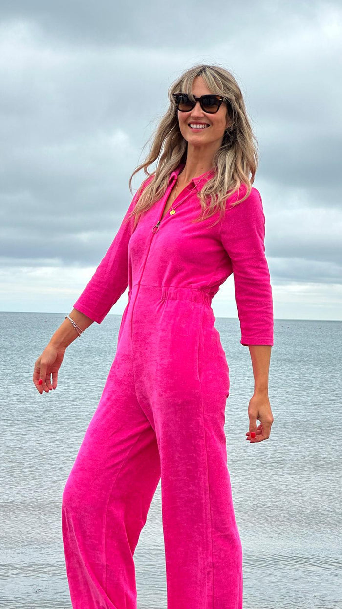 'Honor' Wide Leg Jumpsuit | Fuchsia Stretch Towelling