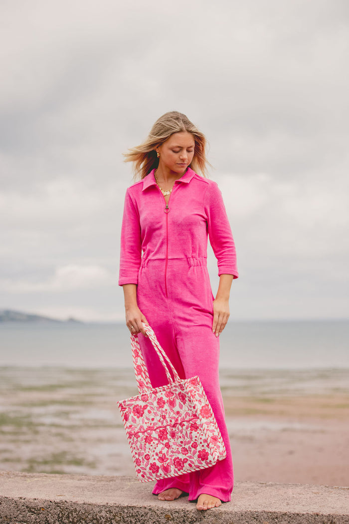 'Honor' Wide Leg Jumpsuit | Fuchsia Stretch Towelling