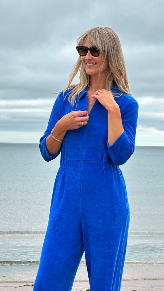 'Honor' Wide Leg Stretch Towelling Jumpsuit | Cobalt Blue