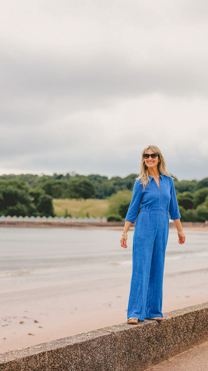 'Honor' Wide Leg Stretch Towelling Jumpsuit | Cobalt Blue