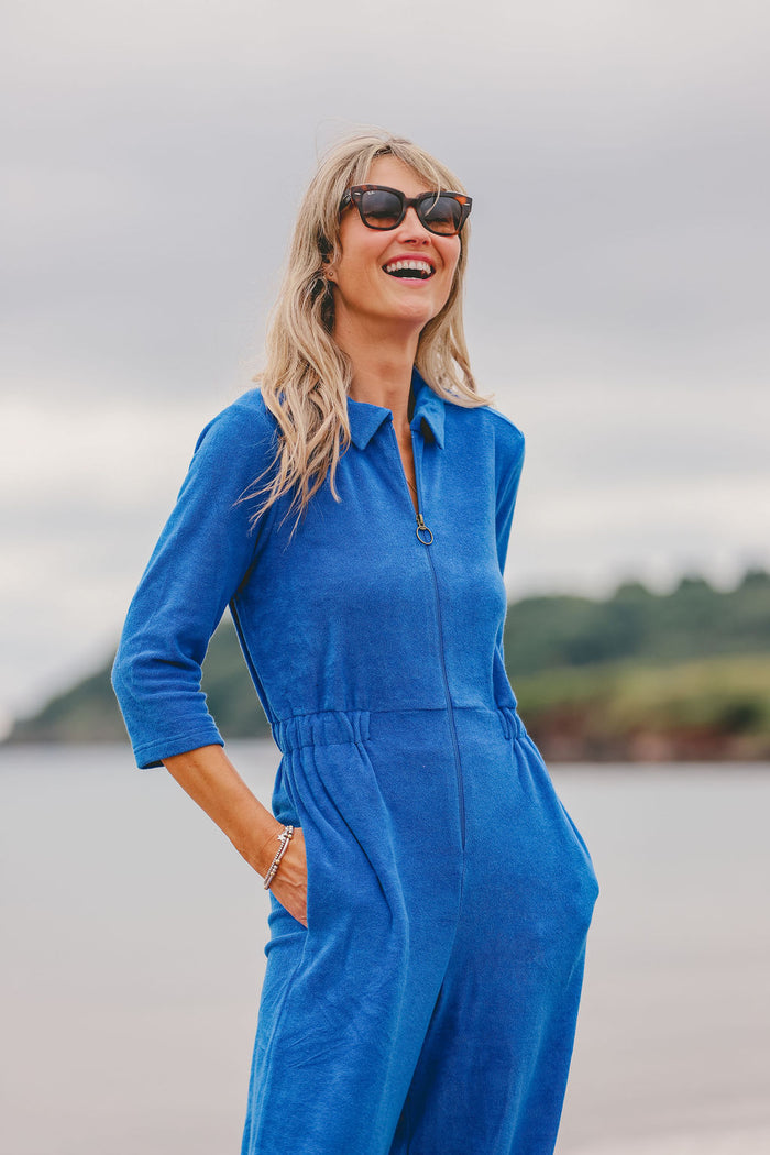 'Honor' Wide Leg Stretch Towelling Jumpsuit | Cobalt Blue