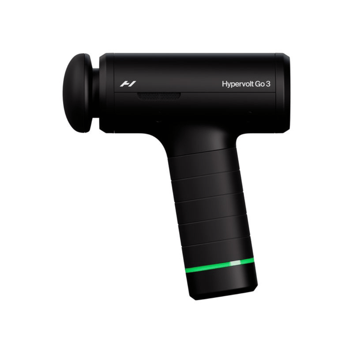 Black handheld percussion massage device with ergonomic grip and green accent light, designed for muscle recovery and wellness, Hypervolt Go 3 | Hyperice.