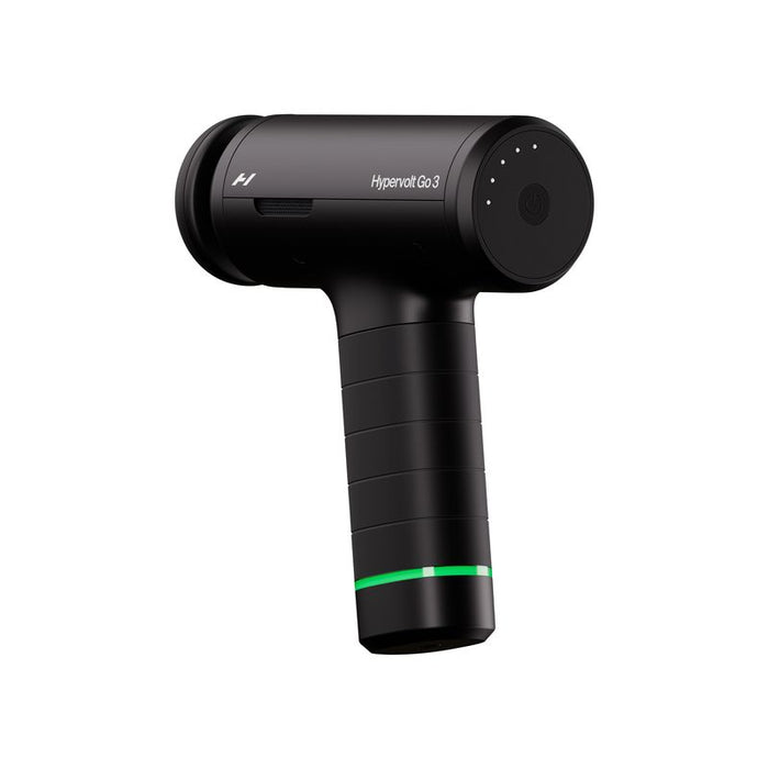 Black handheld percussion massage device with ergonomic grip and LED indicator light, designed for muscle recovery and wellness, labeled Hypervolt Go 3 | Hyperice.