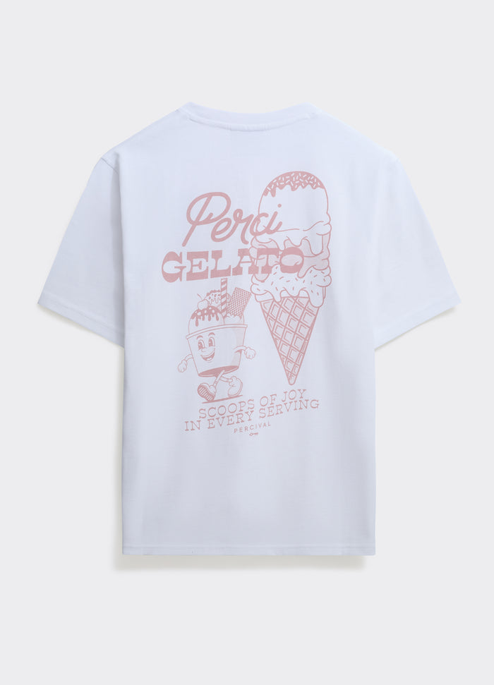The Percival Ice Cream T-shirt in white, featuring a large pink Perci Gelato graphic on the back of the cotton tee.