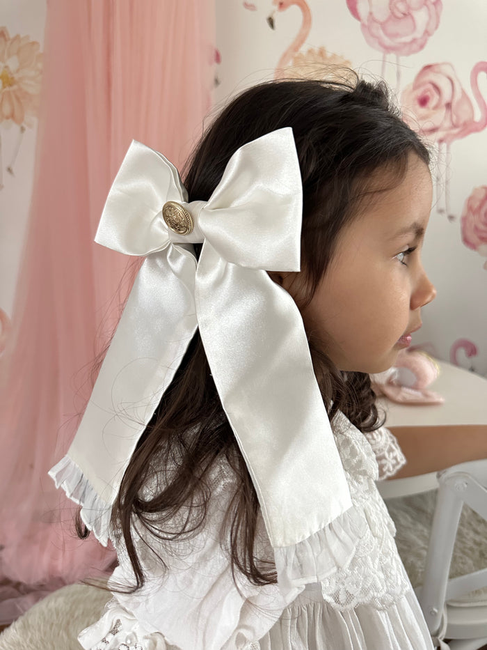 White Satin Tuxedo Hair Bow - Petite Maison Kids