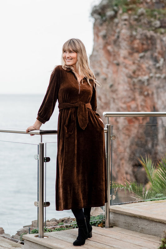 "Imogen" Stretch Velvet Midi Dress | Brown