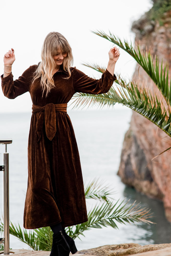 "Imogen" Stretch Velvet Midi Dress | Brown