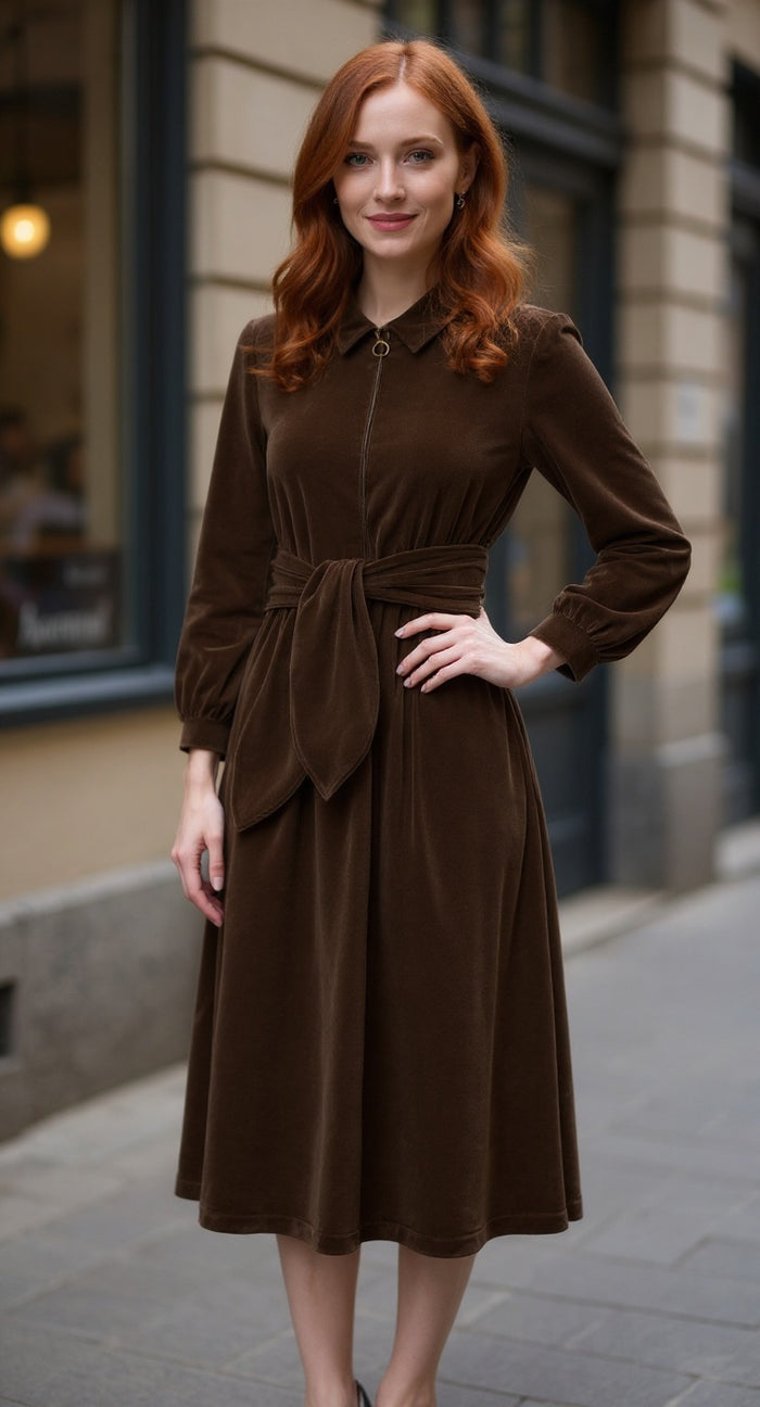 "Imogen" Stretch Velvet Midi Dress | Brown