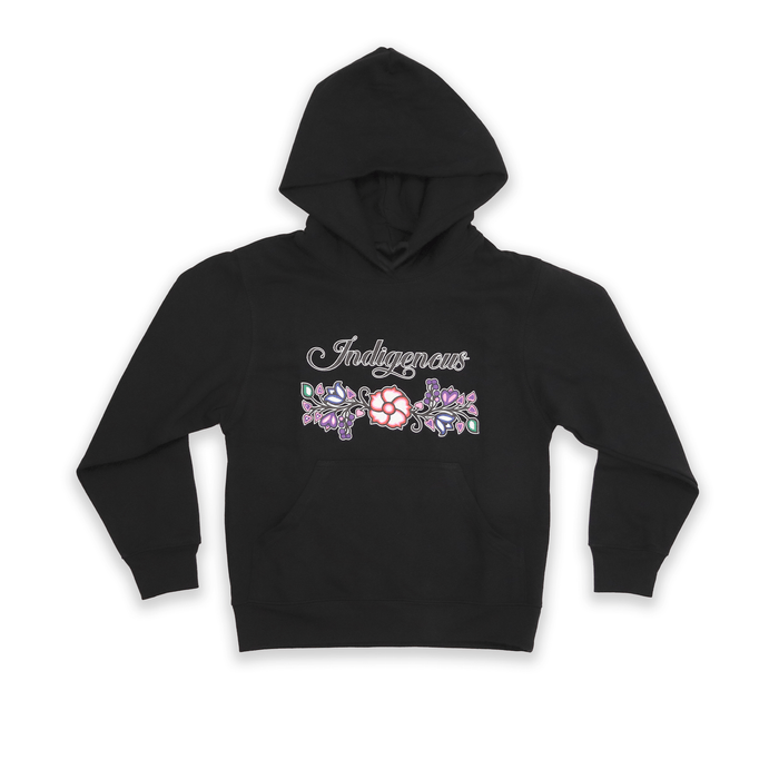 Black Indigenous Floral Youth Hoodie with floral artwork and cultural text back view
