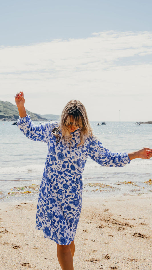 Jamie Floral Towelling Hooded Robe | Marine