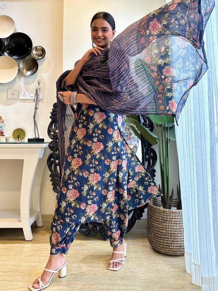 Jeet Navy Floral Afghan Set