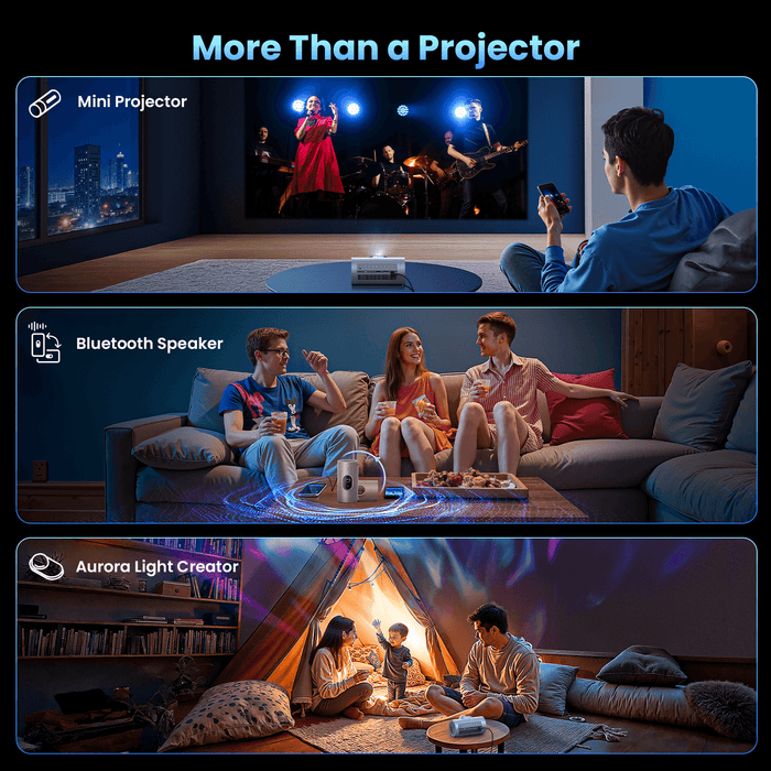 JMGO PicoPlay portable projector with Bluetooth speaker and Aurora light for home, outdoor movies, and parties