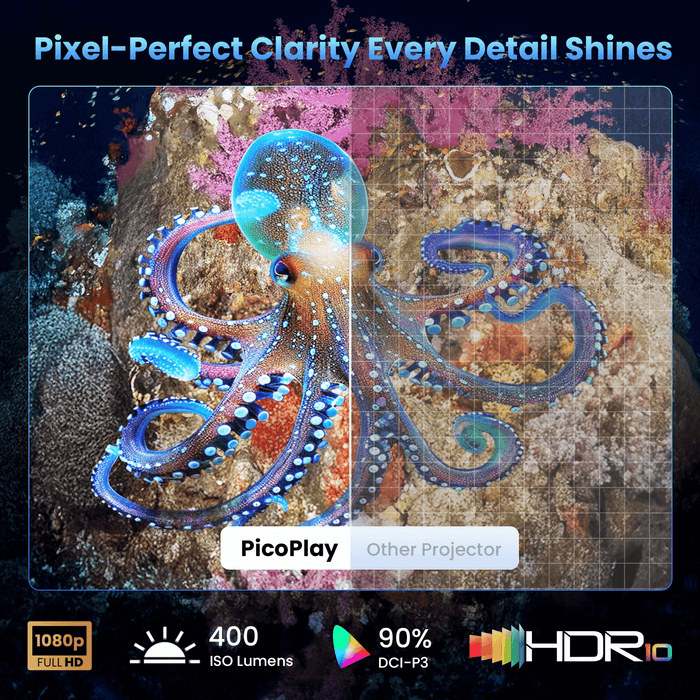 Octopus-themed image comparing PicoPlay mini projector with others, highlighting 1080P, 400 lumens, HDR10, and 90% DCI-P3