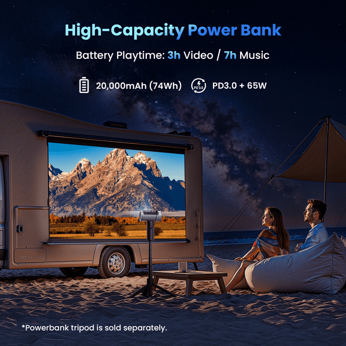 High-capacity portable power bank with 3-hour video and 7-hour music playback for travel and outdoor use