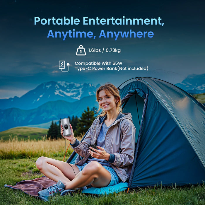Ultra-light 0.73kg outdoor projector paired with a 65W Type-C power bank for portable projection anywhere