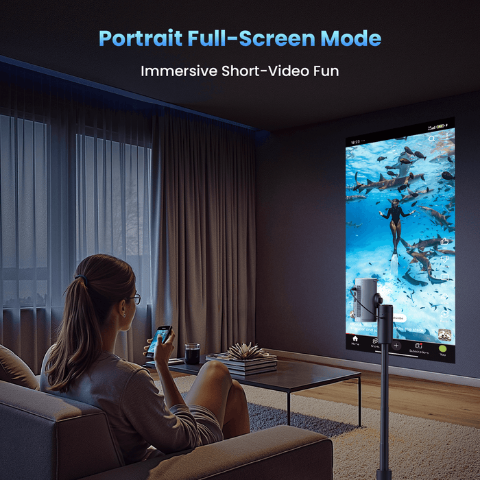 Woman using JMGO PicoPlay mini projector in vertical mode to watch TikTok from smartphone at home
