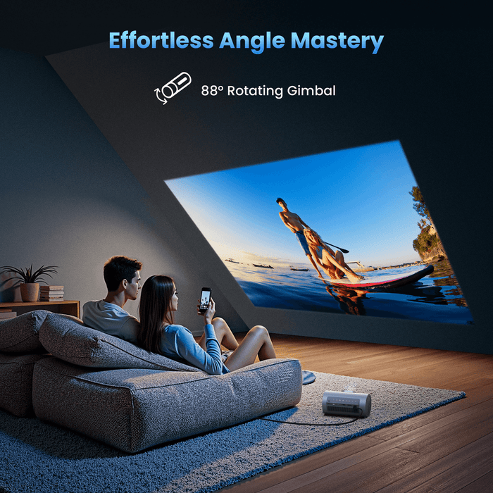 Couple watching a movie at home with JMGO PicoPlay projector on 88° rotating gimbal for flexible big-screen viewing
