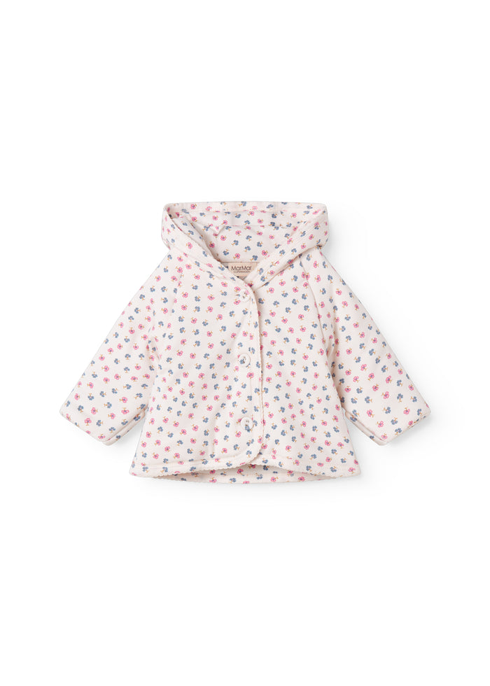 The jacket for newborn and baby with hat, snap closure, and flower pattern.