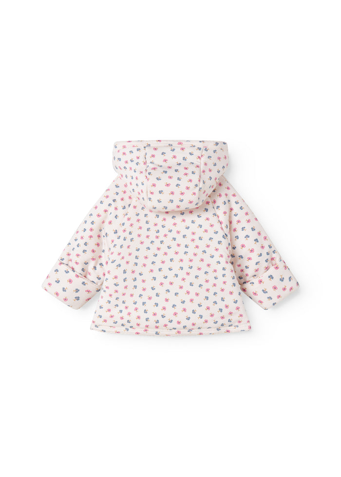 The jacket for newborn and baby with hat, snap closure, and flower pattern.