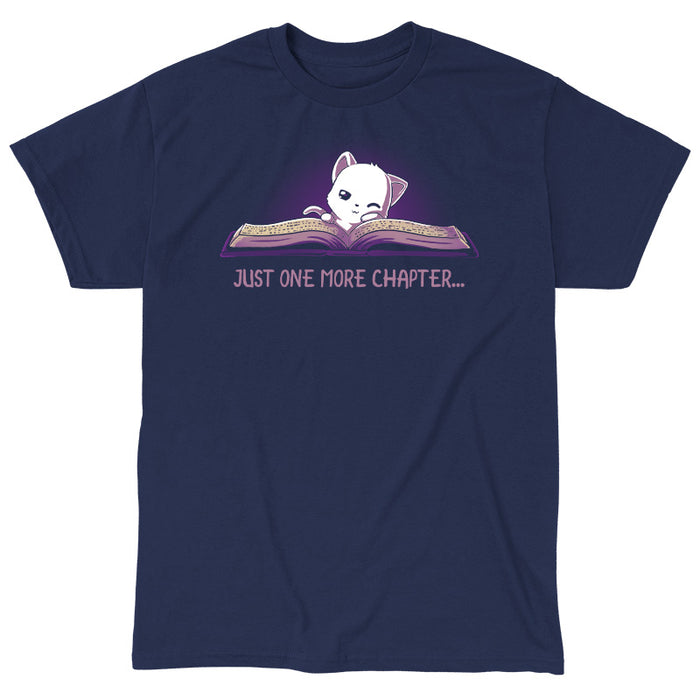 Classic Cotton T-shirt_TeeTurtle navy blue Just One More Chapter. Featuring a sleepy white cat reading a book.
