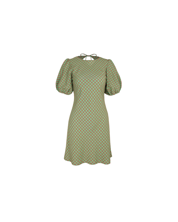 KENDALL GINGHAM MINI DRESS GREEN AND BROWN GINGHAM