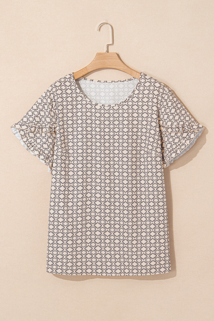 Khaki Plus Size Geometric Print Ruffled Sleeve Blouse - 1X / 100% Polyester - Size/Plus Tops/Plus Blouses & Shirts